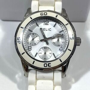 Relic Womens Watch White Silver Tone Day Date Silicone Band New Battery